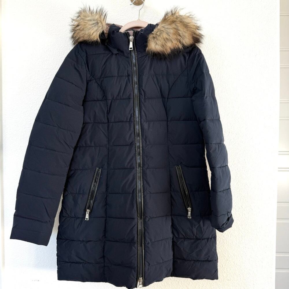 Laundry by Shelli Segal Puffer Coat Navy Faux Fur Hood Women's M Water Resistant